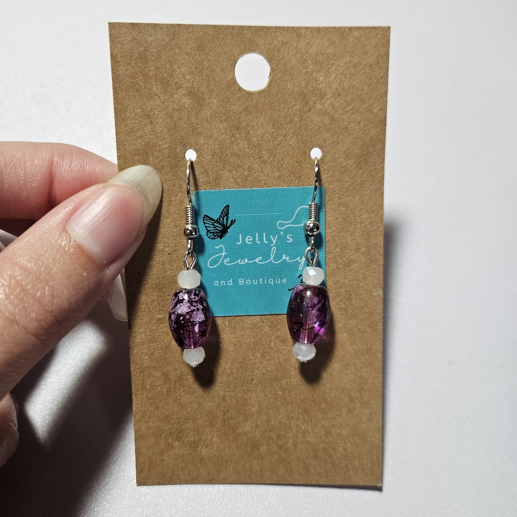 Jelly's Jewelry And Boutique Handcraft Purple Paint Splat/White & Silver Earring